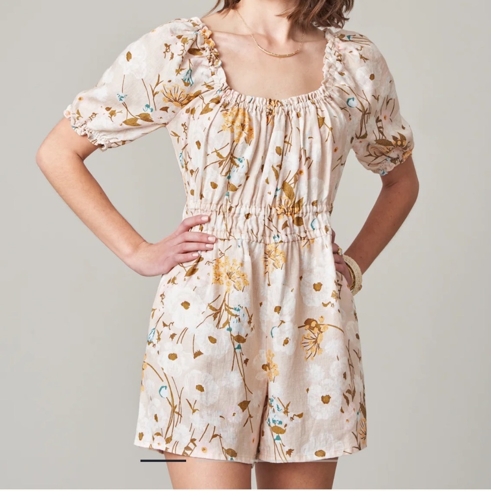 SPARTINA Audrey Linen Romper Babbie's Store Poppies Floral Puff Sleeve Romper Sm - Picture 1 of 10